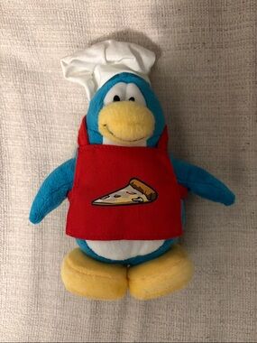 Club Penguin Plush with Red Pizza Apron and Chef Hat